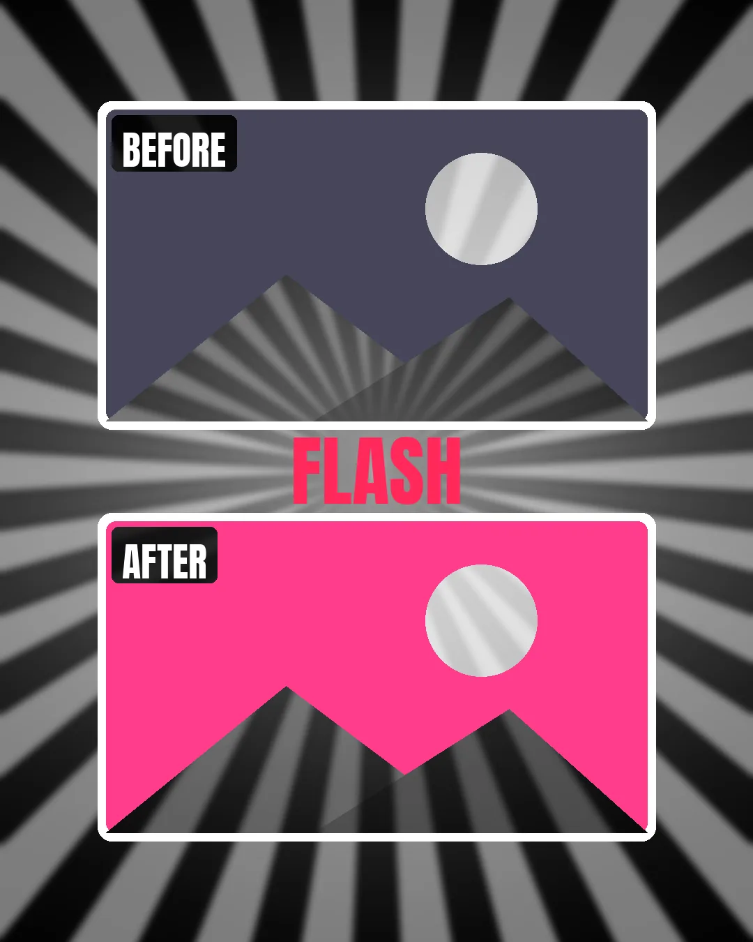 Before and after video maker template cover: a dark BEFORE photo card above a bright pink AFTER card, joined by a FLASH reveal