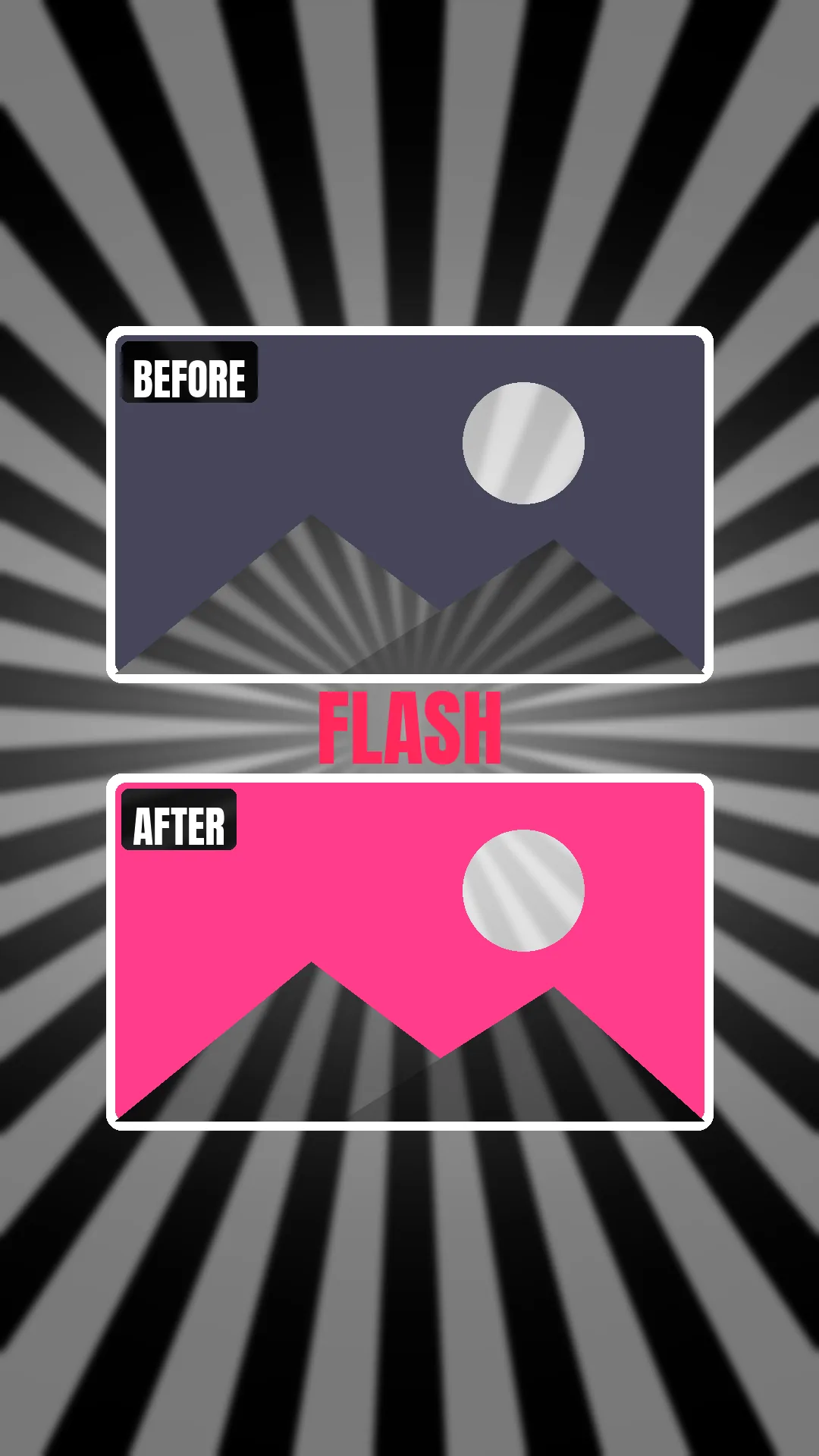 Before and after video maker template cover: a dark BEFORE photo card above a bright pink AFTER card, joined by a FLASH reveal