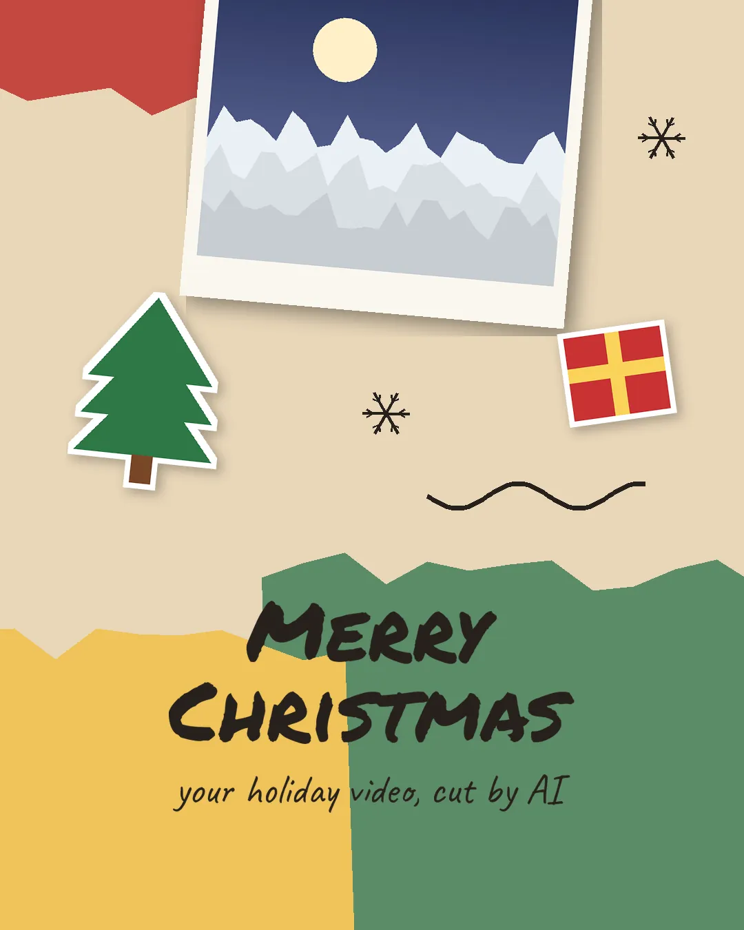 Christmas video template cover: scrapbook collage of a snowy mountain photo, tree and gift stickers with the hand-lettered title Merry Christmas