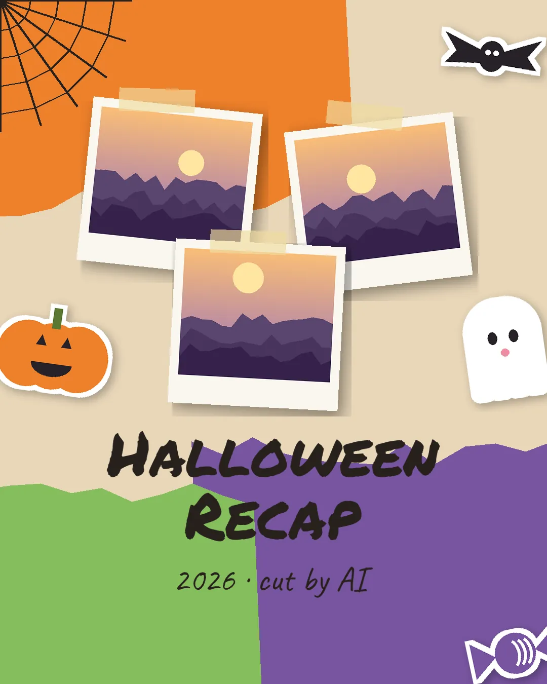 Halloween recap video template cover: scrapbook collage of moonlit photo prints with pumpkin, ghost, bat and candy stickers and the hand-lettered title Halloween Recap