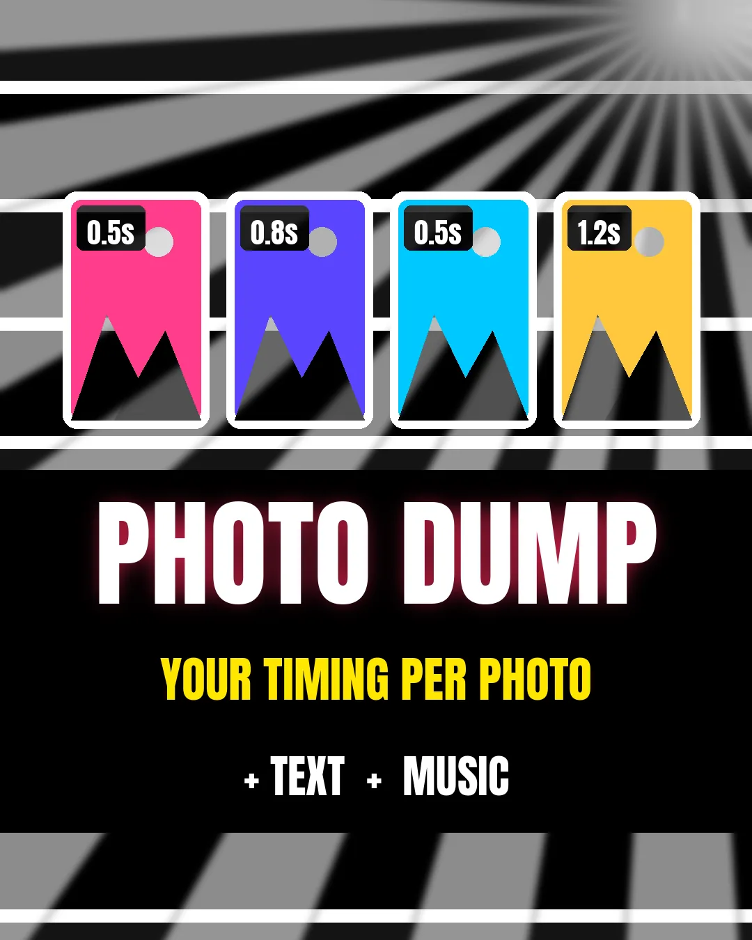 Photo dump video maker template cover: four colorful photo cards timed 0.5s, 0.8s, 0.5s and 1.2s above the words PHOTO DUMP, your timing per photo, plus text and music