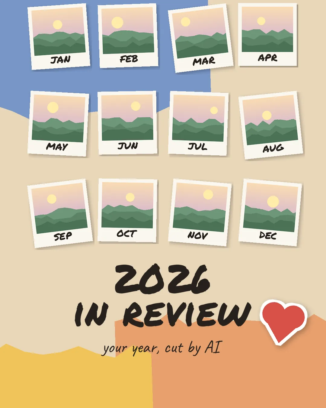 Year in review video template cover: scrapbook grid of twelve small monthly photos with the hand-lettered title 2026 in review